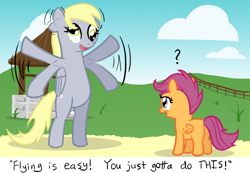 Size: 850x587 | Tagged: safe, artist:lightbulb, derpy hooves, scootaloo, pony, bipedal, fence, flapping, flying lesson, scootaloo can't fly