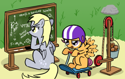 Size: 850x533 | Tagged: safe, artist:lightbulb, derpy hooves, scootaloo, pegasus, pony, bucket, chalkboard, fancy mathematics, female, flying contraption, flying lesson, helmet, mare, muffin, science, scootaloo can't fly, scooter, sweat, this will end in tears