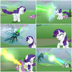 Size: 2896x2896 | Tagged: safe, edit, screencap, queen chrysalis, rarity, spike, changeling, changeling queen, dragon, pony, unicorn, season 9, the ending of the end, attack, blast, collage, defending, female, firebreathing, leak, magic, magic beam, magic blast, male, shield, ultimate chrysalis, winged spike