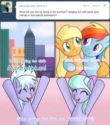 Size: 840x957 | Tagged: safe, derpibooru import, applejack, cloudchaser, flitter, rainbow dash, earth pony, pegasus, pony, appledash, ask, ask appledash, cheering, comic, female, holiday, lesbian, manehattan, shipping, tumblr