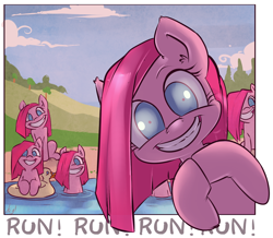 Size: 1200x1048 | Tagged: safe, artist:atryl, pinkie pie, earth pony, pony, too many pinkie pies, clone, clones, creepy, creepy smile, cute, cuteamena, diapinkes, female, floaty, fourth wall, fun fun fun, grimcute, grin, insanity, looking at you, mare, multeity, pinkamena diane pie, pinkie clone, rapeface, run, shrunken pupils, slasher smile, smiling, the fourth wall cannot save you, too many pinkamenas, too much pink energy is dangerous, wide eyes, xk-class end-of-the-world scenario