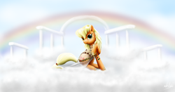 Size: 3558x1860 | Tagged: safe, artist:drake, applejack, earth pony, pony, clothes, cloud, column, dress, earth pony on cloud, looking at you, on a cloud, pretty, rainbow, raised hoof, see-through, see-through dress, sitting, smiling, solo