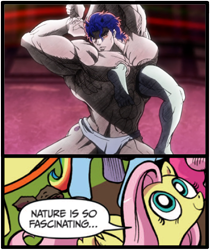 Size: 397x473 | Tagged: safe, fluttershy, pegasus, pony, blue coat, blue eyes, body horror, dialogue, exploitable meme, female, jojo's bizarre adventure, looking up, mare, meme, multicolored tail, nature is so fascinating, overdeveloped muscles, pink coat, pink mane, santana, smiling, speech bubble, wings, yellow coat