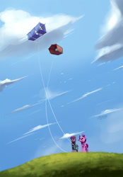 Size: 1090x1567 | Tagged: safe, artist:insanerobocat, maud pie, starlight glimmer, earth pony, pony, unicorn, rock solid friendship, cloud, duo, female, glowing horn, grass, kite, looking up, magic, mare, scenery, sky, smiling