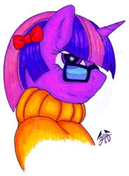 Size: 368x500 | Tagged: safe, artist:lunarlight-prism, derpibooru import, twilight sparkle, cartoon network, clothes, cosplay, costume, crossover, dressup, glasses, parody, ribbon, scooby doo, sweater, velma dinkley