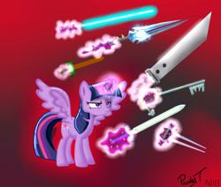 Size: 2600x2200 | Tagged: safe, artist:paulyt7, derpibooru import, twilight sparkle, twilight sparkle (alicorn), alicorn, pony, bastard sword, buster sword, energy sword, female, final fantasy, final fantasy vii, frown, glare, halo (series), hax, keyblade, kingdom hearts, lightsaber, magic, mare, master sword, spread wings, star wars, sword, telekinesis, the legend of zelda, thunderfury, thunderfury blessed blade of the windseeker, twilight is not amused, unamused, warcraft, weapon, wooden sword, world of warcraft, you dun goofed