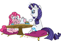 Size: 2204x1483 | Tagged: safe, artist:redapropos, pinkie pie, rarity, earth pony, pony, unicorn, eating, magic, muffin, tea party