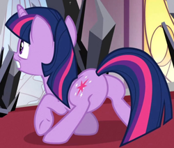 Size: 710x602 | Tagged: safe, derpibooru import, screencap, twilight sparkle, unicorn twilight, pony, unicorn, the crystal empire, butt, canterlot, cropped, crystal, dark crystal, featureless crotch, female, mare, plot, solo, twibutt, wat