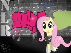 Size: 2000x1500 | Tagged: safe, artist:quattropony, fluttershy, pegasus, pony, clothes, graffiti, new lunar republic, night, wall