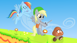 Size: 1920x1080 | Tagged: safe, artist:disicut, derpibooru import, derpy hooves, rainbow dash, pegasus, pony, facehoof, fire flower, goomba, link, super mario bros., sword, the legend of zelda, weapon