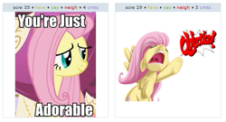 Size: 537x289 | Tagged: safe, fluttershy, pegasus, pony, exploitable meme, female, juxtaposition, juxtaposition win, mare