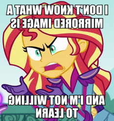 Size: 468x500 | Tagged: safe, edit, edited screencap, screencap, sunset shimmer, equestria girls, friendship games, caption, exploitable meme, image macro, meme, mirrored, sunset is not willing to learn