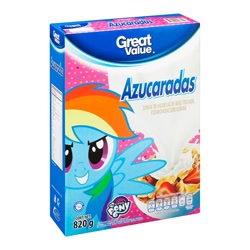 Size: 1000x1000 | Tagged: safe, derpibooru import, rainbow dash, azucaradas, box, cereal, cereal box, determined, food, great value, irl, merchandise, photo, solo, spanish, walmart