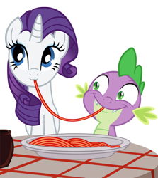 Size: 538x604 | Tagged: safe, artist:queencold, rarity, spike, dragon, pony, unicorn, :3, faic, female, imminent kissing, lady and the tramp, male, parody, scene parody, shipping, spaghetti, spaghetti scene, sparity, straight