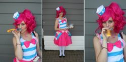 Size: 1448x720 | Tagged: safe, artist:sharktobear, pinkie pie, human, clothes, conbravo, cosplay, dress, gala dress, irl, irl human, photo, solo