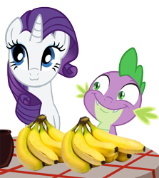 Size: 538x604 | Tagged: safe, artist:queencold, edit, rarity, spike, dragon, pony, unicorn, banana, female, male, shipping, simple background, sparity, straight, transparent background