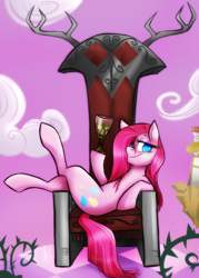 Size: 1500x2100 | Tagged: safe, artist:jitterbugjive, pinkie pie, earth pony, pony, badass, chair, chalice, cup, discord's throne, female, mare, pinkamena diane pie, solo, throne