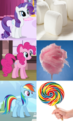 Size: 1164x1932 | Tagged: safe, derpibooru import, pinkie pie, rainbow dash, rarity, earth pony, pony, candy, comparison, cotton candy, food, lollipop, marshmallow, rarity is a marshmallow