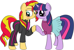 Size: 4465x3000 | Tagged: safe, artist:datapony, sunset shimmer, twilight sparkle, pony, unicorn, blushing, clothes, female, lesbian, shipping, sunsetsparkle