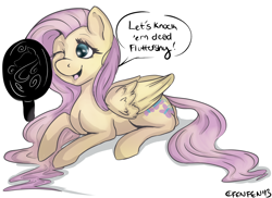 Size: 1200x872 | Tagged: safe, artist:fen-fen, fluttershy, pegasus, pony, mirror, open mouth, prone, smiling, solo, wink