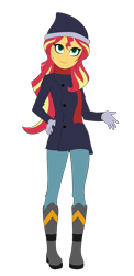 Size: 1714x3500 | Tagged: safe, artist:backgrounduser, sunset shimmer, equestria girls, clothes, gloves, looking at you, scarf, smiling, solo, winter outfit