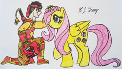 Size: 941x531 | Tagged: safe, artist:stealthninja5, fluttershy, human, bionicle, crossover, kanohi hau, lego, tahu, traditional art