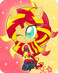 Size: 2417x3034 | Tagged: safe, artist:supererikastar, sunset satan, sunset shimmer, equestria girls, chibi, clothes, costume, cute, cutie mark, one eye closed, ponied up, shimmerbetes, solo, wink