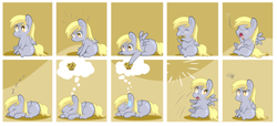 Size: 3395x1544 | Tagged: safe, artist:artist-apprentice587, derpy hooves, pegasus, pony, :3, :o, blushing, comic, cute, derpabetes, dream, eating, eyes closed, female, frown, grumpy, hoof hold, mare, messy eating, muffin, nom, open mouth, panel play, paradox, prone, raised eyebrow, sleeping, sleepy, smiling, sweatdrop, thought bubble, wide eyes, yawn, zzz