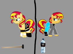 Size: 2550x1880 | Tagged: safe, artist:skulluigi, sunset shimmer, pony, unicorn, 1000 hours in ms paint, crossover, ms paint, parody, sledgehammer, solo, triple h, water bottle, wrestling, wwe