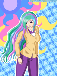 Size: 1200x1600 | Tagged: safe, artist:zantyarz, princess celestia, principal celestia, equestria girls, breasts, cutie mark accessory, female, human coloration, princess breastia, solo