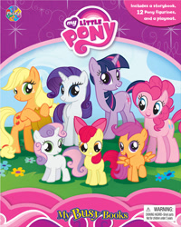 Size: 720x900 | Tagged: safe, derpibooru import, apple bloom, applejack, pinkie pie, rarity, scootaloo, sweetie belle, twilight sparkle, earth pony, pony, unicorn, book, hatless, merchandise, missing accessory, my busy books, my little pony logo, phidal, stock vector