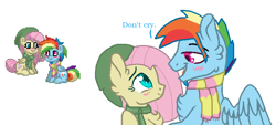 Size: 820x369 | Tagged: safe, artist:zoeytrent113, derpibooru import, fluttershy, rainbow blitz, rainbow dash, pegasus, pony, chest fluff, clothes, crying, female, flutterblitz, flutterdash, half r63 shipping, hat, looking at each other, male, pony town, rule 63, scarf, tears of joy, wings