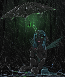 Size: 2616x3082 | Tagged: safe, artist:vladimir-olegovych, queen chrysalis, changeling, changeling queen, baby changeling, changelings in the comments, child, cute, cutealis, cuteling, female, levitation, magic, mare, mommy chrissy, rain, telekinesis, umbrella