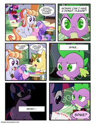 Size: 1275x1650 | Tagged: safe, artist:dsana, amber laurel, cloudy spinel, donut joe, spike, starlight glimmer, twilight sparkle, twilight sparkle (alicorn), alicorn, crystal pony, dragon, pony, comic:the shadow shard, card, comic, donut, female, filly, food, playing card, train