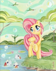 Size: 1252x1600 | Tagged: safe, artist:sararichard, fluttershy, bird, fish, hummingbird, pegasus, pony, bubble, traditional art, water