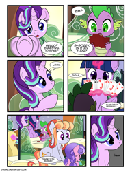 Size: 1275x1650 | Tagged: safe, artist:dsana, amber laurel, cloudy spinel, donut joe, spike, starlight glimmer, twilight sparkle, twilight sparkle (alicorn), alicorn, crystal pony, dragon, pony, comic:the shadow shard, card, comic, female, filly, magic, playing card, train, underhoof