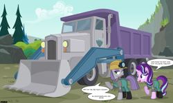 Size: 4200x2520 | Tagged: safe, artist:a4r91n, maud pie, starlight glimmer, pony, absurd resolution, clothes, command and conquer, crossover, dialogue, duo, hard hat, hat, overalls, red alert, tree, truck, vector