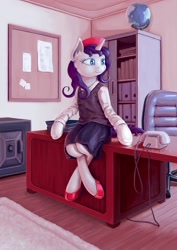 Size: 1500x2122 | Tagged: safe, artist:dahtamnay, rarity, pony, semi-anthro, unicorn, clothes, globe, high heels, office, shoes, sitting, solo, telephone