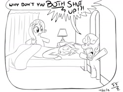 Size: 1600x1200 | Tagged: safe, artist:tomtornados, prince blueblood, rarity, sweetie belle, pony, unicorn, bed, bedroom, monochrome, parody, shut up, the simpsons, yelling