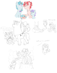 Size: 3000x3818 | Tagged: safe, artist:roseyicywolf, cozy glow, crackle cosette, lord tirek, queen chrysalis, oc, changeling, changeling queen, pegasus, pony, the ending of the end, a better ending for cozy, balloon, cotton candy, cozy glow's mom, disguise, disguised changeling, headcanon, monochrome, parent, partial color, ring, sketch