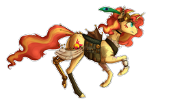 Size: 4849x3013 | Tagged: safe, artist:alicjaspring, sunset shimmer, pony, unicorn, amputee, feather, goggles, prosthetic limb, prosthetics, realistic horse legs, running, simple background, solo, steampunk, transparent background