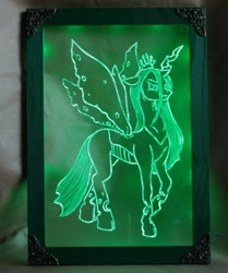 Size: 1280x1534 | Tagged: safe, artist:irfp250n, artist:longinius, queen chrysalis, changeling, changeling queen, craft, engraving, female, led, looking at you, mare, nightlight, raised hoof, spread wings, standing, story included, wings