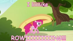 Size: 1280x720 | Tagged: safe, pinkie pie, earth pony, pony, boat, comic sans, naruto the abridged series, quote, solo, text, the rower