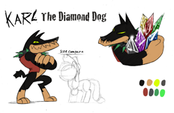 Size: 1200x776 | Tagged: safe, artist:mickeymonster, applejack, oc, oc:karl the diamond dog, diamond dog, earth pony, pony, concept art, crystal, diamond dog oc, gem, size chart, size comparison, sketch