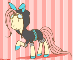 Size: 600x492 | Tagged: safe, artist:courierbear, fluttershy, pegasus, pony, bunny ears, clothes, dangerous mission outfit, disguise, female, goggles, hoodie, looking at you, mare, raised hoof, solo, striped background
