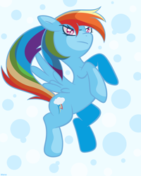 Size: 2000x2500 | Tagged: safe, artist:starstruckmana, derpibooru import, rainbow dash, pegasus, pony, abstract background, colored pupils, determined, female, floppy ears, flying, mare, rearing, serious, serious face, signature, solo