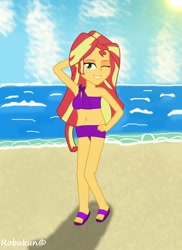 Size: 2550x3500 | Tagged: safe, artist:robukun, sunset shimmer, equestria girls, anatomically incorrect, armpits, bad anatomy, beach, belly button, clothes, swimsuit