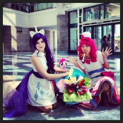 Size: 612x612 | Tagged: artist needed, source needed, safe, artist:rmtakesover, artist:unkcos8, pinkie pie, rarity, human, anime expo, convention, cosplay, craft, irl, irl human, partillery, party cannon, photo