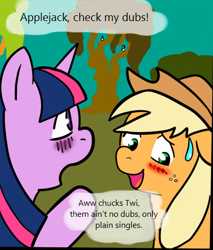 Size: 405x475 | Tagged: safe, derpibooru import, applejack, twilight sparkle, earth pony, pony, doubles, reaction image, singles