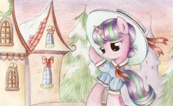 Size: 2025x1242 | Tagged: safe, artist:nika191319, snowfall frost, starlight glimmer, pony, unicorn, building, clothes, pine tree, sad, snow, solo, traditional art, tree